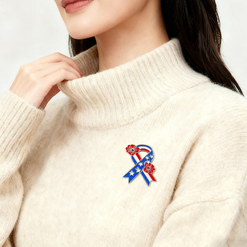 Spilla smaltata con papavero e bandiera americana con nastro patriottico - image 1