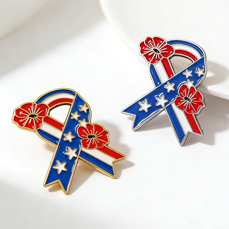 Spilla smaltata con papavero e bandiera americana con nastro patriottico - image 5