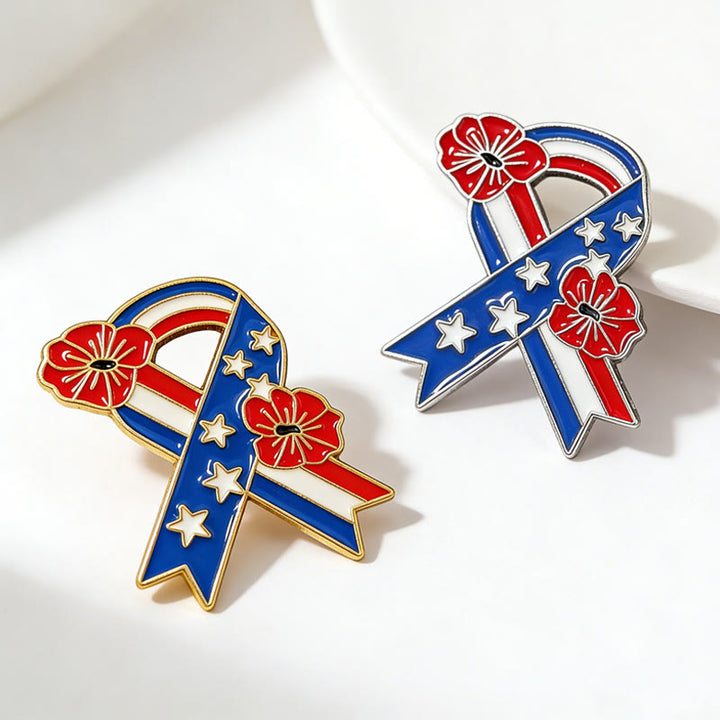 Spilla smaltata con papavero e bandiera americana con nastro patriottico - image 5
