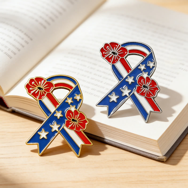 Spilla smaltata con papavero e bandiera americana con nastro patriottico - image 4
