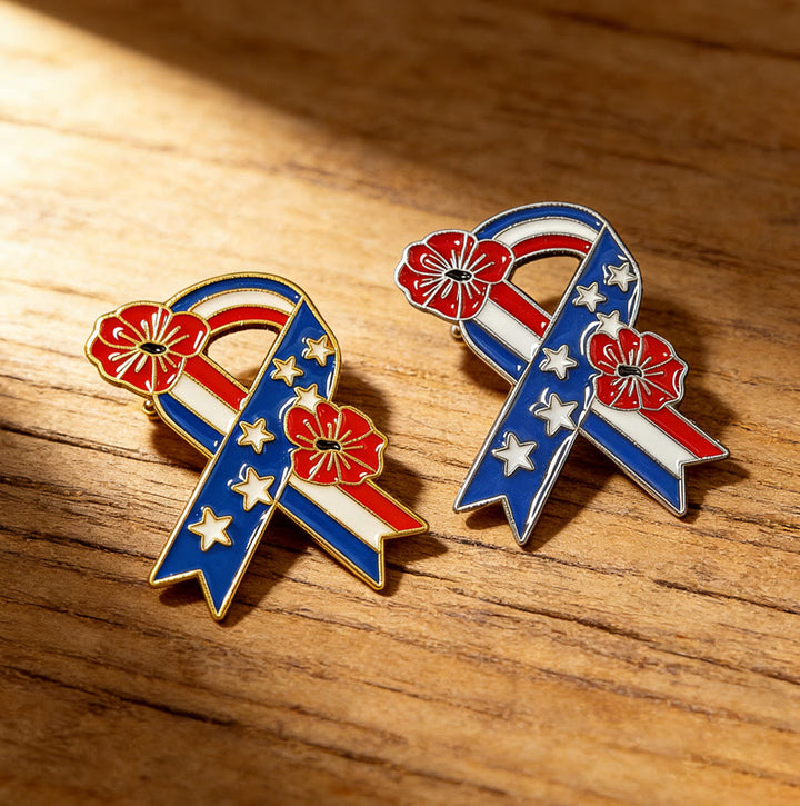 Spilla smaltata con papavero e bandiera americana con nastro patriottico - image 2