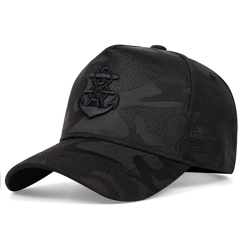 Cappellino da baseball con pannello in rete mimetica ricamato con ancora - Nero - Regolabile (21 5/8"-23 5/8") - image 0
