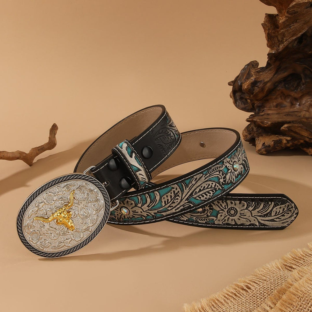 Cintura in stile western con fibbia ovale in argento dorato e testa di toro in rilievo - image 2