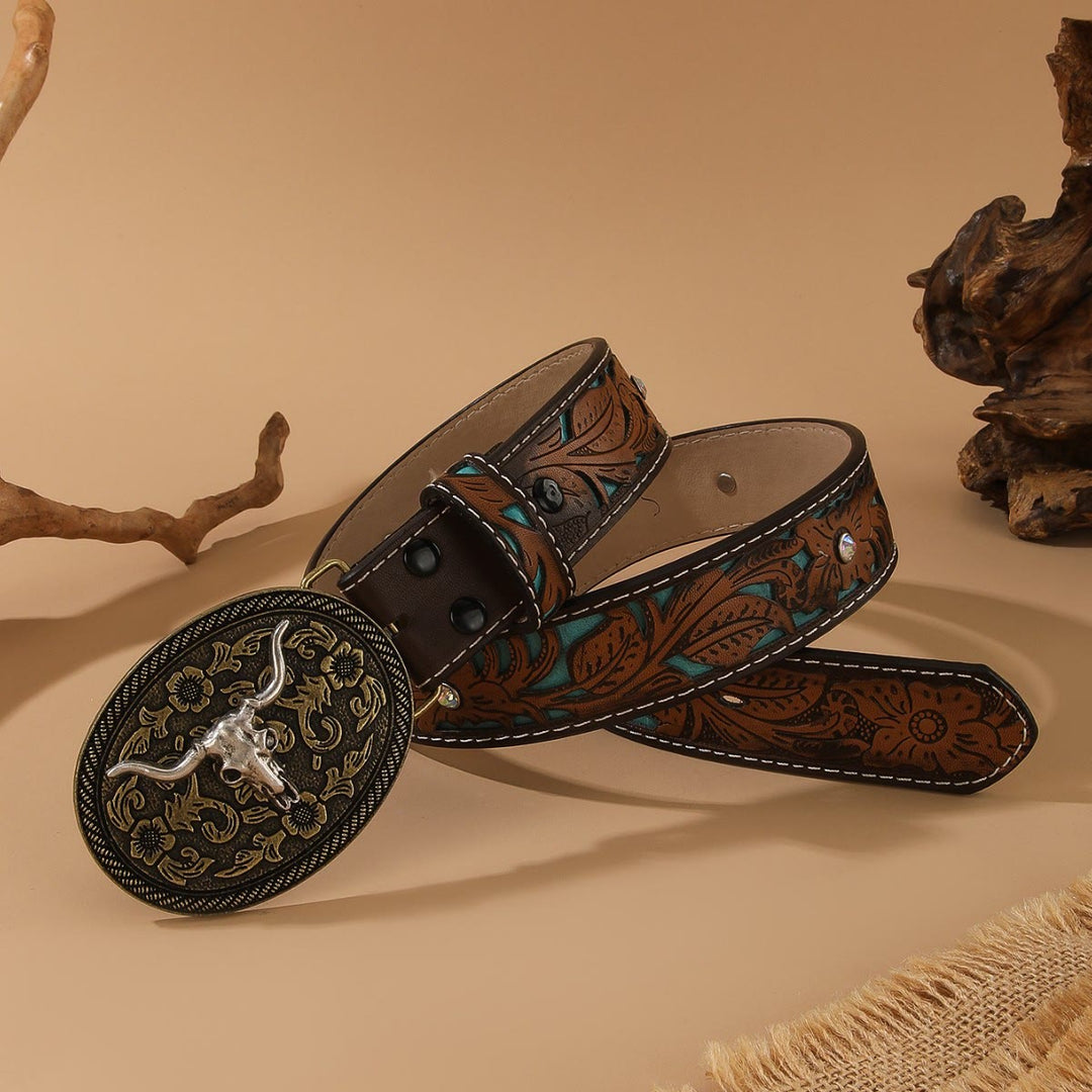 Cintura in stile western con fibbia ovale in argento dorato e testa di toro in rilievo - image 5