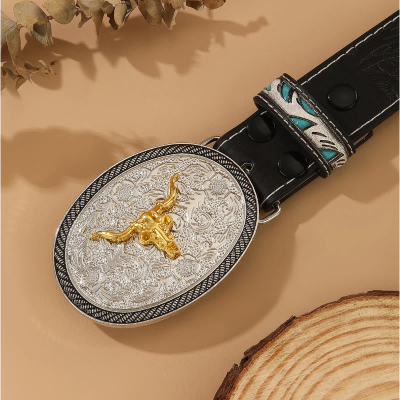 Cintura in stile western con fibbia ovale in argento dorato e testa di toro in rilievo - image 1