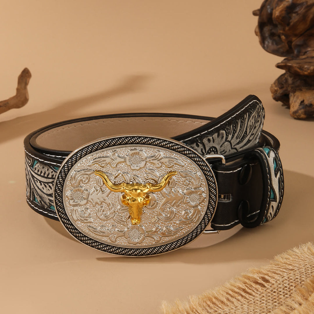 Cintura in stile western con fibbia ovale in argento dorato e testa di toro in rilievo - D'oro - 44 - image 0