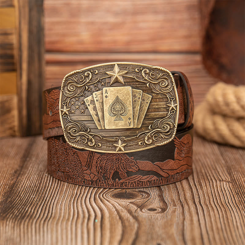 Cintura in pelle con stampa orso e cervo con fibbia da poker vintage - Marrone - 40 - image 0