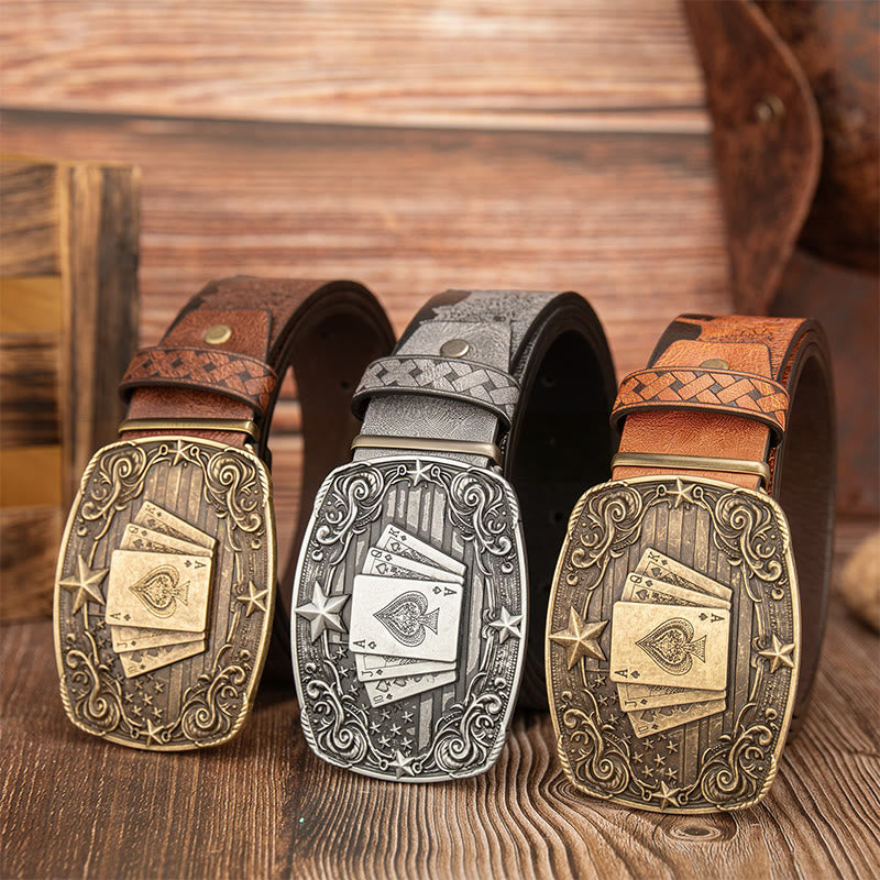 Cintura in pelle con stampa orso e cervo con fibbia da poker vintage - image 1