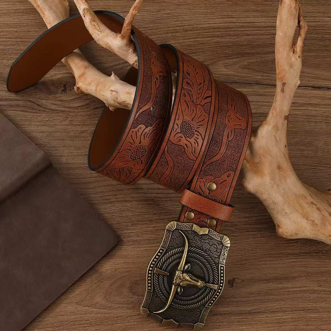 Cintura in pelle goffrata con fibbia a forma di testa di toro in bronzo antico in stile occidentale - image 2