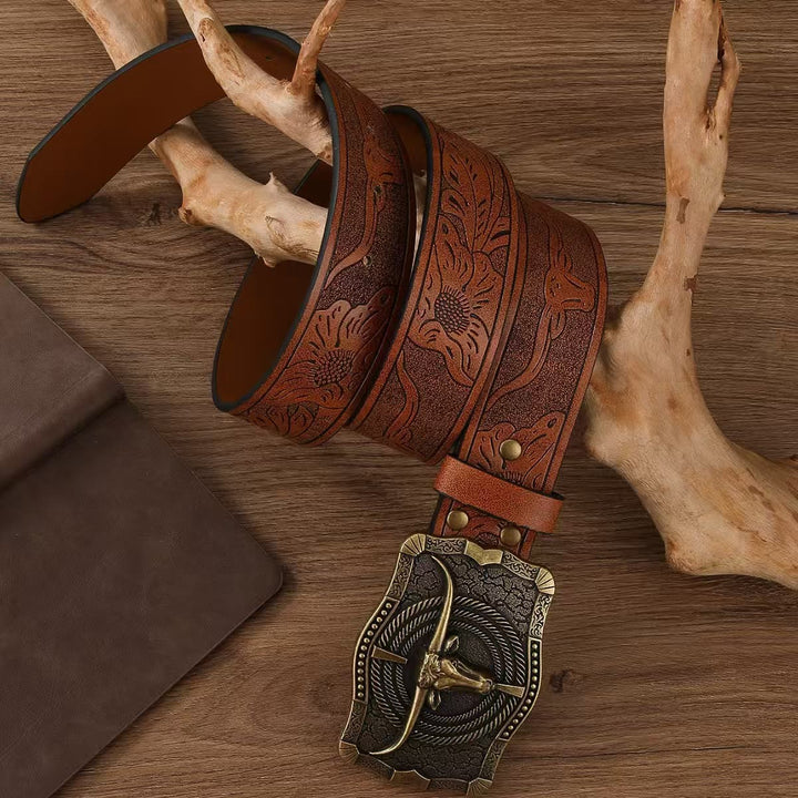 Cintura in pelle goffrata con fibbia a forma di testa di toro in bronzo antico in stile occidentale - image 2