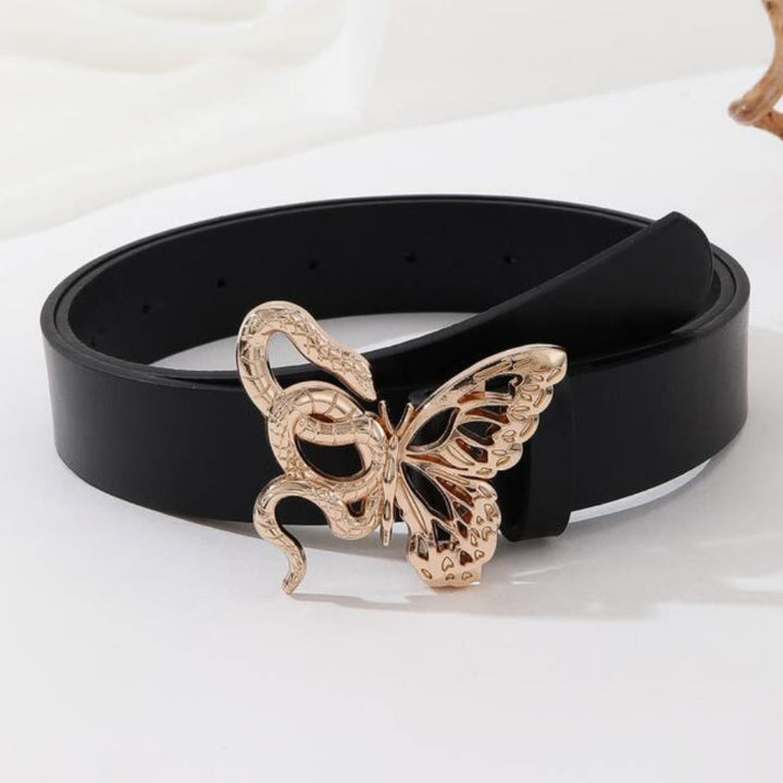 Cintura in pelle nera con fibbia sinuosa a forma di serpente e delicata farfalla - Oro - 34 - image 0