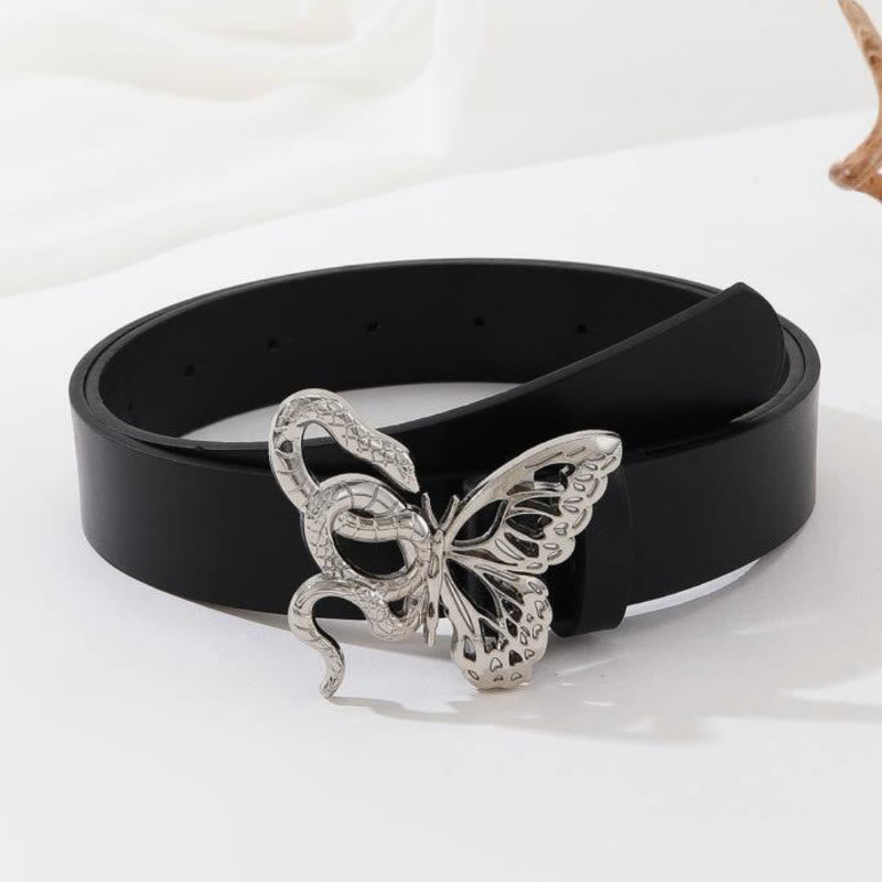 Cintura in pelle nera con fibbia sinuosa a forma di serpente e delicata farfalla - Argento - 34 - image 3