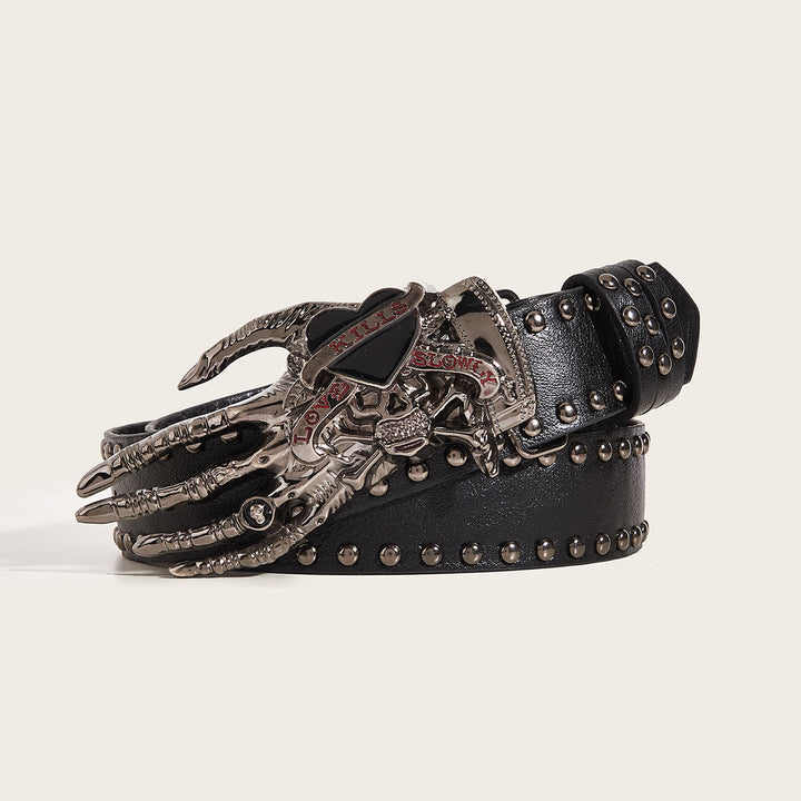 Cintura in pelle con borchie gotiche, teschio e artigli scheletrici - Nero - 40 - image 0