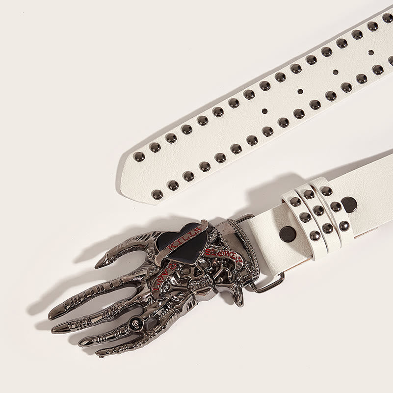 Cintura in pelle con borchie gotiche, teschio e artigli scheletrici - image 5