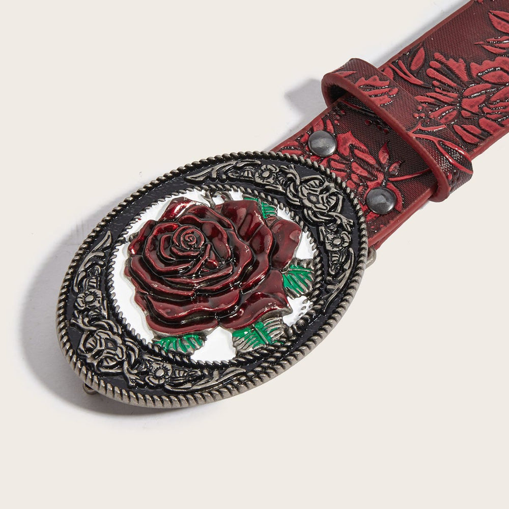 Cintura in pelle goffrata con rosa rossa romantica scura - image 1