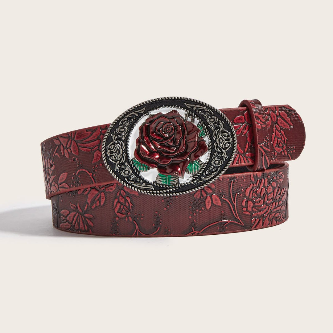 Cintura in pelle goffrata con rosa rossa romantica scura - Rosso scuro - 40 - image 0