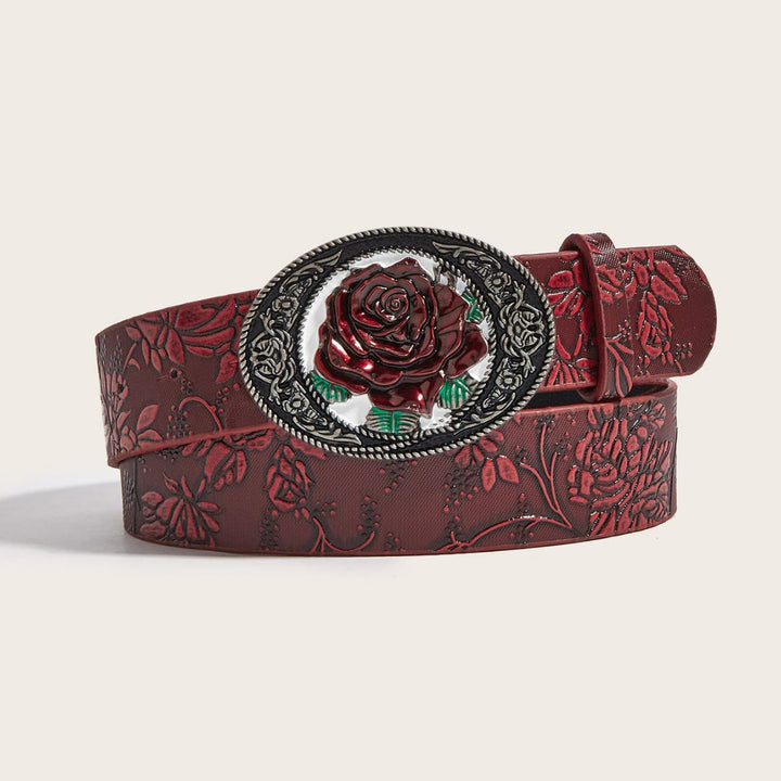 Cintura in pelle goffrata con rosa rossa romantica scura - Rosso scuro - 40 - image 0