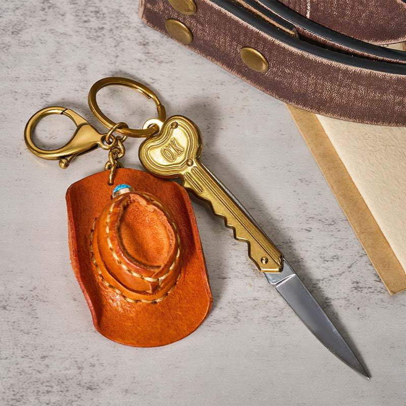 Portachiavi con coltello pieghevole a forma di cappello da cowboy retrò occidentale - Arancia - image 1
