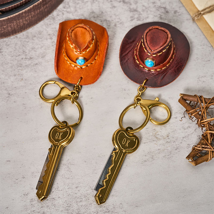 Portachiavi con coltello pieghevole a forma di cappello da cowboy retrò occidentale - image 0