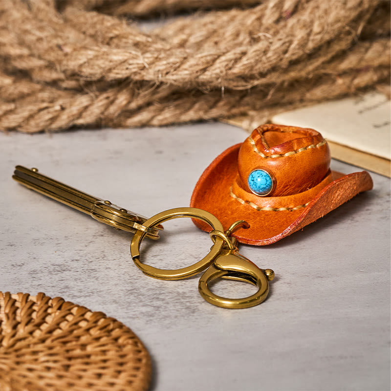 Portachiavi con coltello pieghevole a forma di cappello da cowboy retrò occidentale - image 2