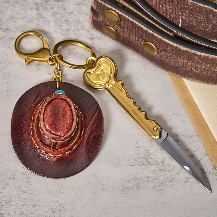 Portachiavi con coltello pieghevole a forma di cappello da cowboy retrò occidentale - Caffè - image 3