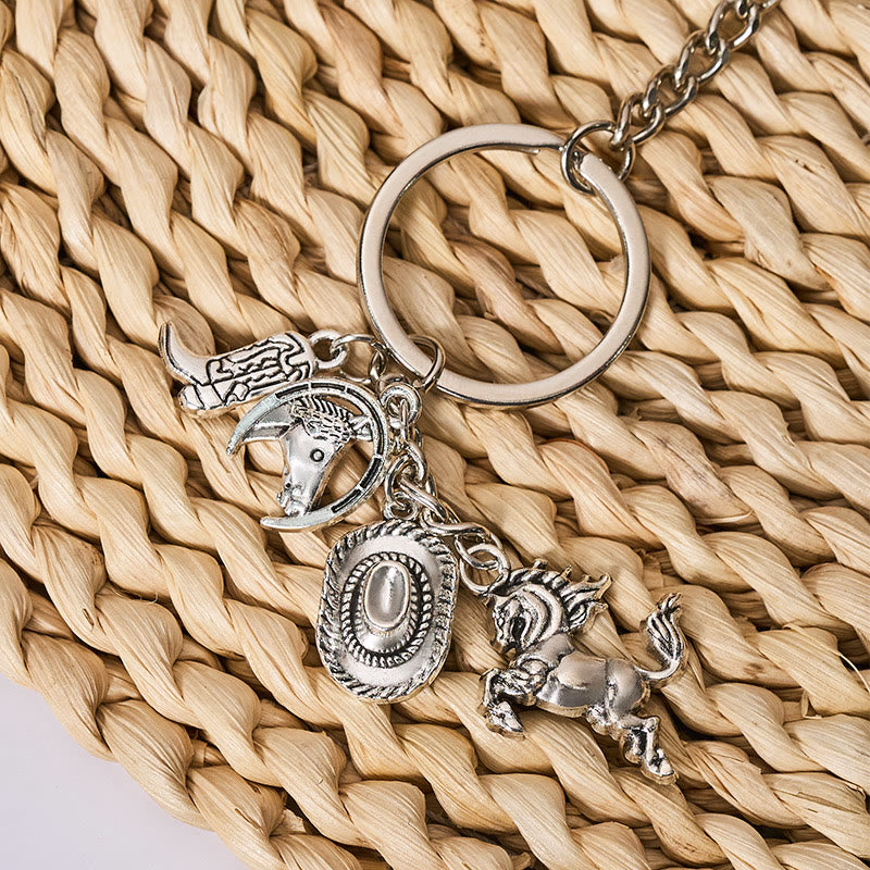 Portachiavi con coltello pieghevole effetto legno, cavallo argentato e cappello da cowboy - image 3