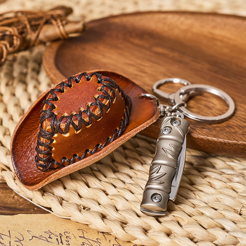 Portachiavi con ciondolo a forma di cappello da cowboy con coltello pieghevole in argento occidentale - image 5