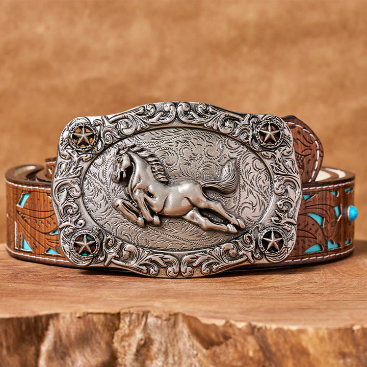 Cintura da uomo in pelle con fibbia a forma di cavallo al galoppo e stelle in argento - Cintura intagliata turchese - 42 - image 3