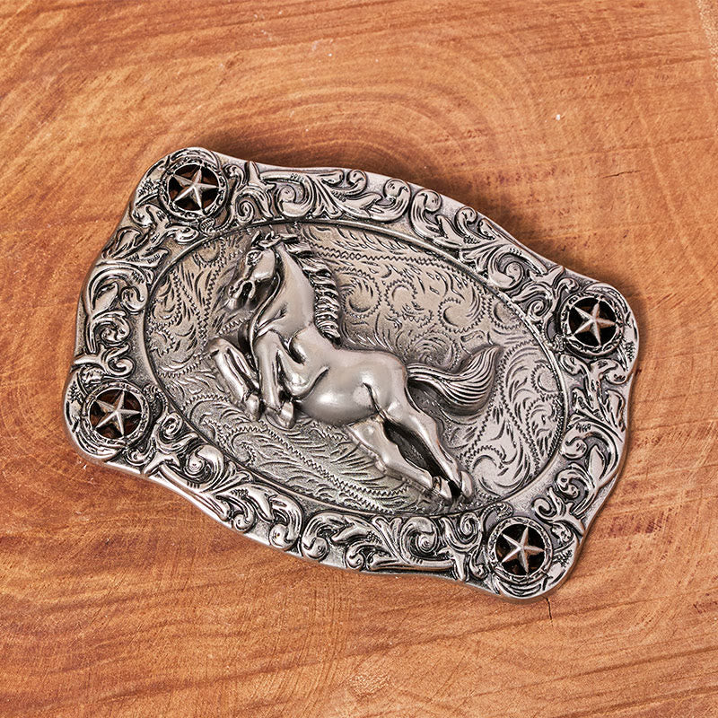 Cintura da uomo in pelle con fibbia a forma di cavallo al galoppo e stelle in argento - image 1