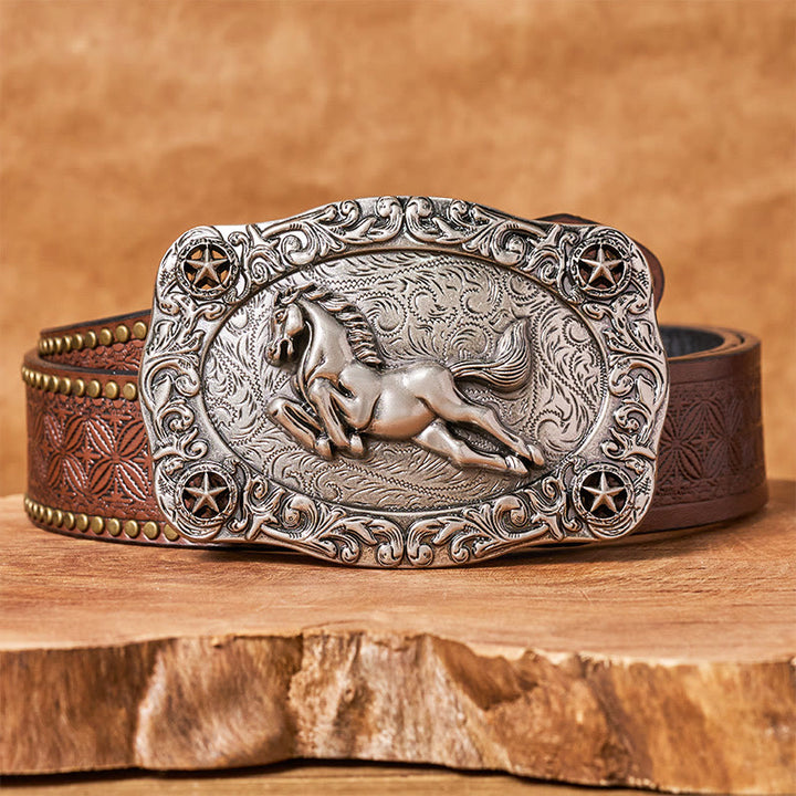 Cintura da uomo in pelle con fibbia a forma di cavallo al galoppo e stelle in argento - Cintura con rivetti marroni - 42 - image 4