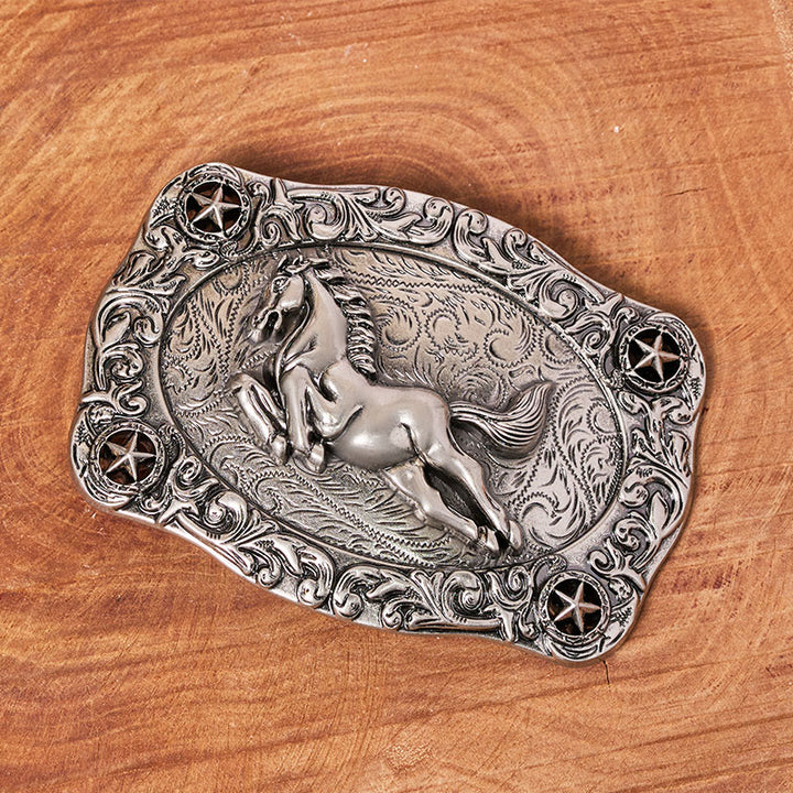 Cintura da uomo in pelle con fibbia a forma di cavallo al galoppo e stelle in argento - image 1