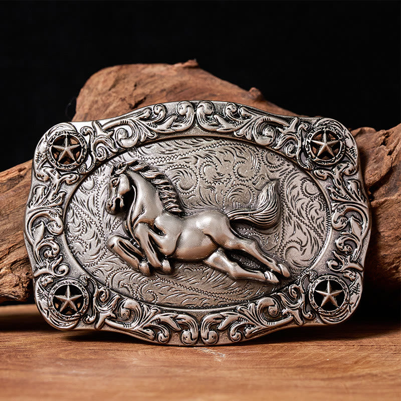Cintura da uomo in pelle con fibbia a forma di cavallo al galoppo e stelle in argento - Senza cintura - Cintura non inclusa - image 0