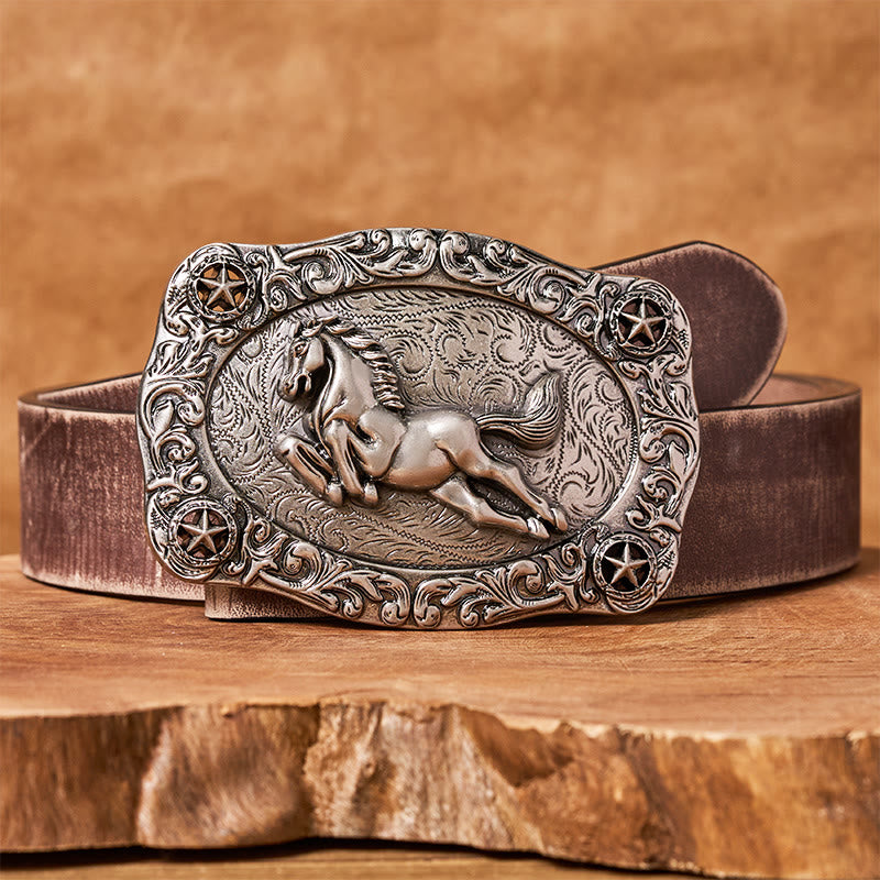 Cintura da uomo in pelle con fibbia a forma di cavallo al galoppo e stelle in argento - Cintura marrone anticata - 42 - image 5