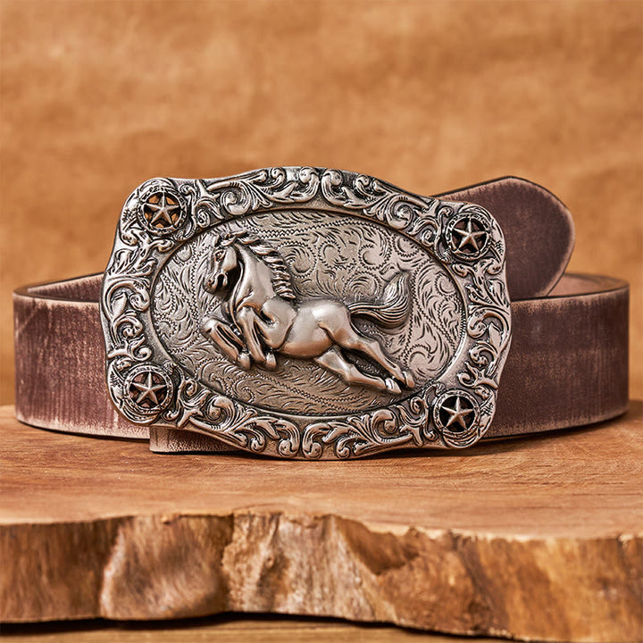 Cintura da uomo in pelle con fibbia a forma di cavallo al galoppo e stelle in argento - Cintura marrone anticata - 42 - image 5