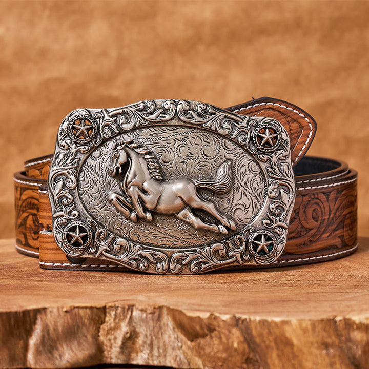 Cintura da uomo in pelle con fibbia a forma di cavallo al galoppo e stelle in argento - Cintura di piume marroni - 40 - image 7