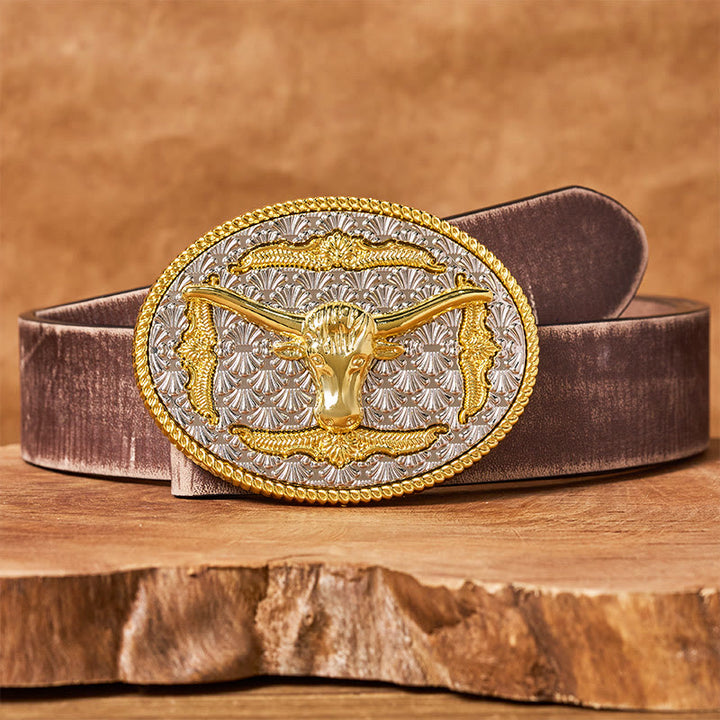 Cintura da uomo in pelle con fibbia ovale Longhorn Bullhead in oro e argento - Cintura marrone anticata - 42 - image 5