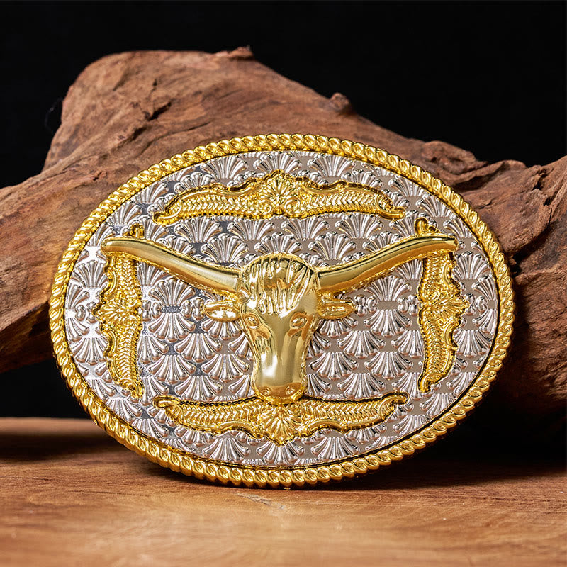 Cintura da uomo in pelle con fibbia ovale Longhorn Bullhead in oro e argento - Senza cintura - Cintura non inclusa - image 0