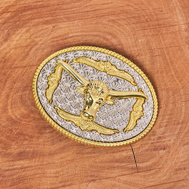 Cintura da uomo in pelle con fibbia ovale Longhorn Bullhead in oro e argento - image 1