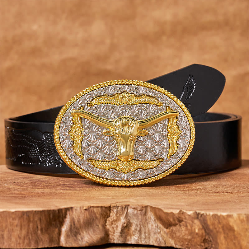 Cintura da uomo in pelle con fibbia ovale Longhorn Bullhead in oro e argento - Cintura con aquila in rilievo nera - 42 - image 2