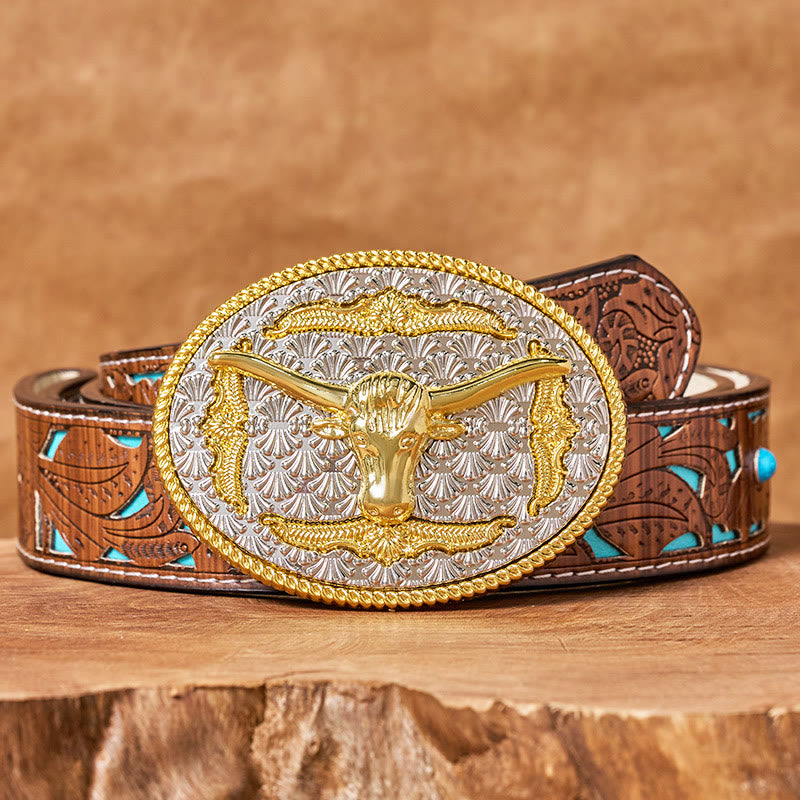 Cintura da uomo in pelle con fibbia ovale Longhorn Bullhead in oro e argento - Cintura intagliata turchese - 42 - image 3