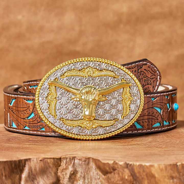 Cintura da uomo in pelle con fibbia ovale Longhorn Bullhead in oro e argento - Cintura intagliata turchese - 42 - image 3