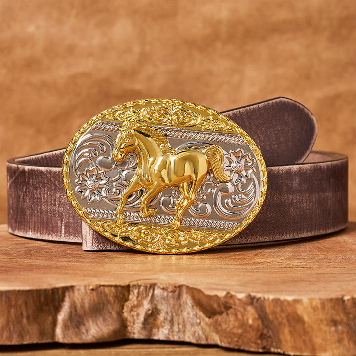 Cintura da uomo in pelle con fibbia ovale a forma di cavallo al galoppo in oro e argento - Cintura marrone anticata - 42 - image 5