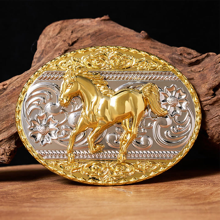 Cintura da uomo in pelle con fibbia ovale a forma di cavallo al galoppo in oro e argento - Senza cintura - Cintura non inclusa - image 0