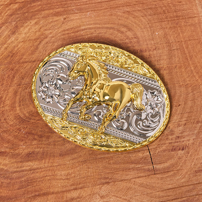 Cintura da uomo in pelle con fibbia ovale a forma di cavallo al galoppo in oro e argento - image 1