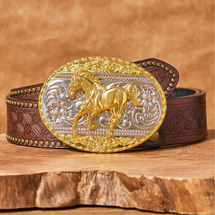Cintura da uomo in pelle con fibbia ovale a forma di cavallo al galoppo in oro e argento - Cintura con rivetti marroni - 42 - image 4
