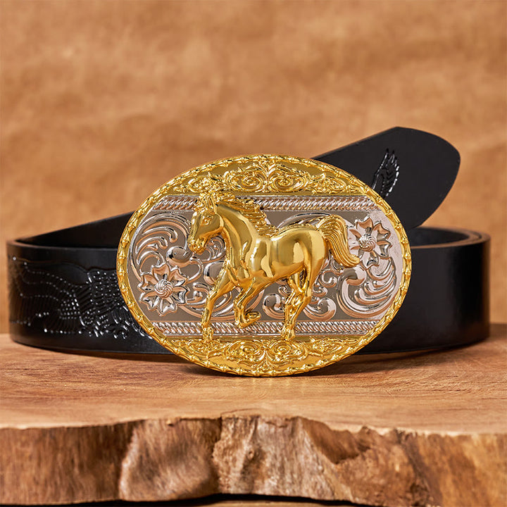 Cintura da uomo in pelle con fibbia ovale a forma di cavallo al galoppo in oro e argento - Cintura con aquila in rilievo nera - 42 - image 2