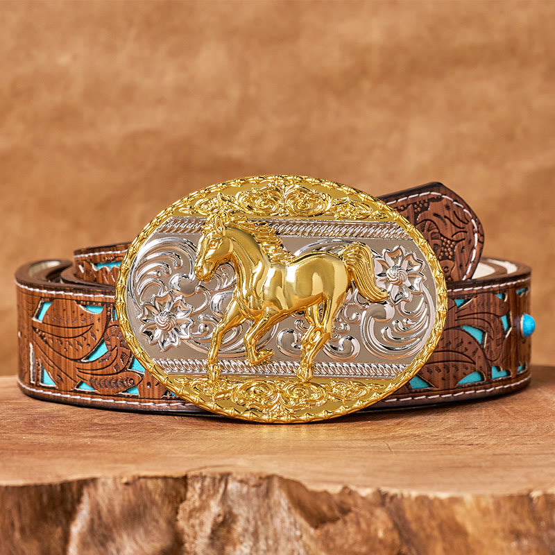 Cintura da uomo in pelle con fibbia ovale a forma di cavallo al galoppo in oro e argento - Cintura intagliata turchese - 42 - image 3