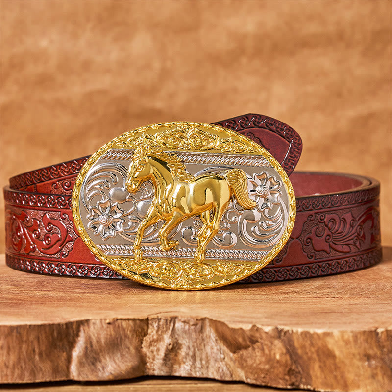 Cintura da uomo in pelle con fibbia ovale a forma di cavallo al galoppo in oro e argento - Cintura marrone intagliata - 42 - image 6