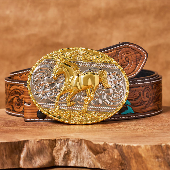 Cintura da uomo in pelle con fibbia ovale a forma di cavallo al galoppo in oro e argento - Cintura di piume marroni - 40 - image 7