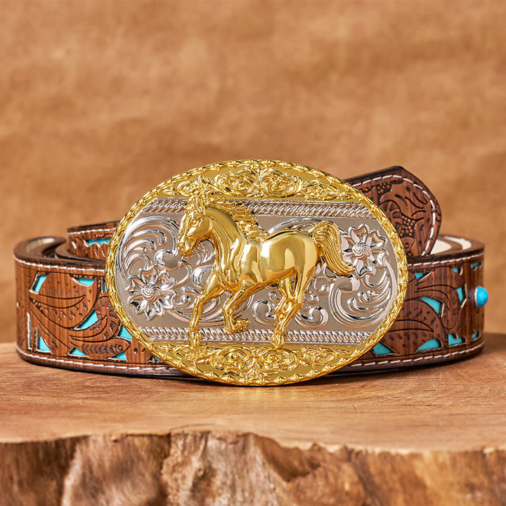 Cintura da uomo in pelle con fibbia ovale a forma di cavallo al galoppo in oro e argento - Cintura intagliata turchese - 42 - image 3